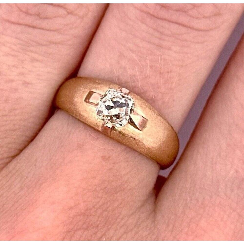 Vintage 18k Solid Yellow Gold 0.50 Ct Cushion Old Mine Cut Diamond Gypsy Ring